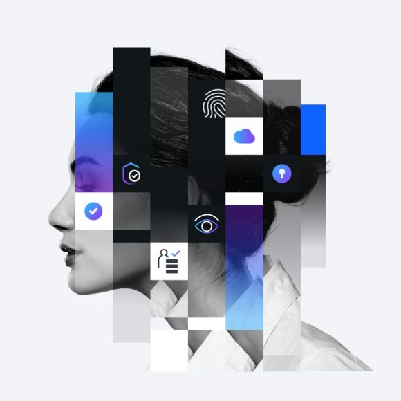 Abstract of person’s head with icons for secure identity, including fingerprint, check mark, shield, keyhole, eye and person