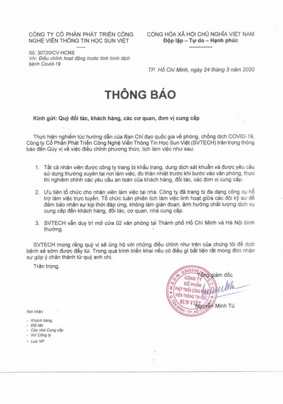 công văn thay đổi phương thức và lịch làm việc tại SVTECH